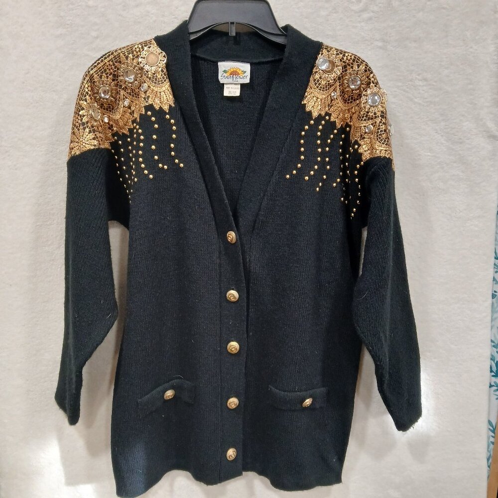 VTG 90s SunflowerUSA Black Cardigan Gold Embellish Glam Rock One Size Rhinestone